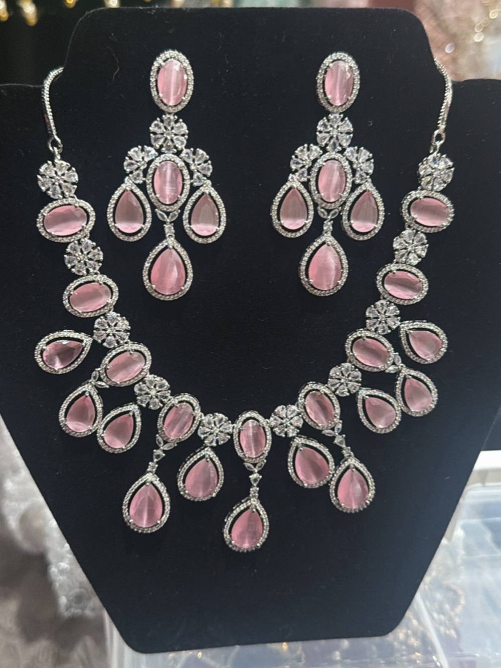 Elegant Pink Teardrop Crystal Necklace & Earring Set